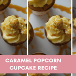 caramel popcorn cupcakes on a plate with caramel sauce