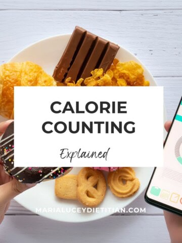 Graphic for a blog post on calorie counting, showing snack foods on a plate beside a calorie tracking app on a phone.