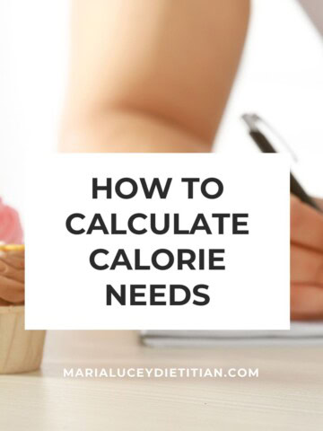 Graphic with text reading “How to calculate calorie needs” over a blurred background of someone writing in a notebook, with a cupcake on the side.