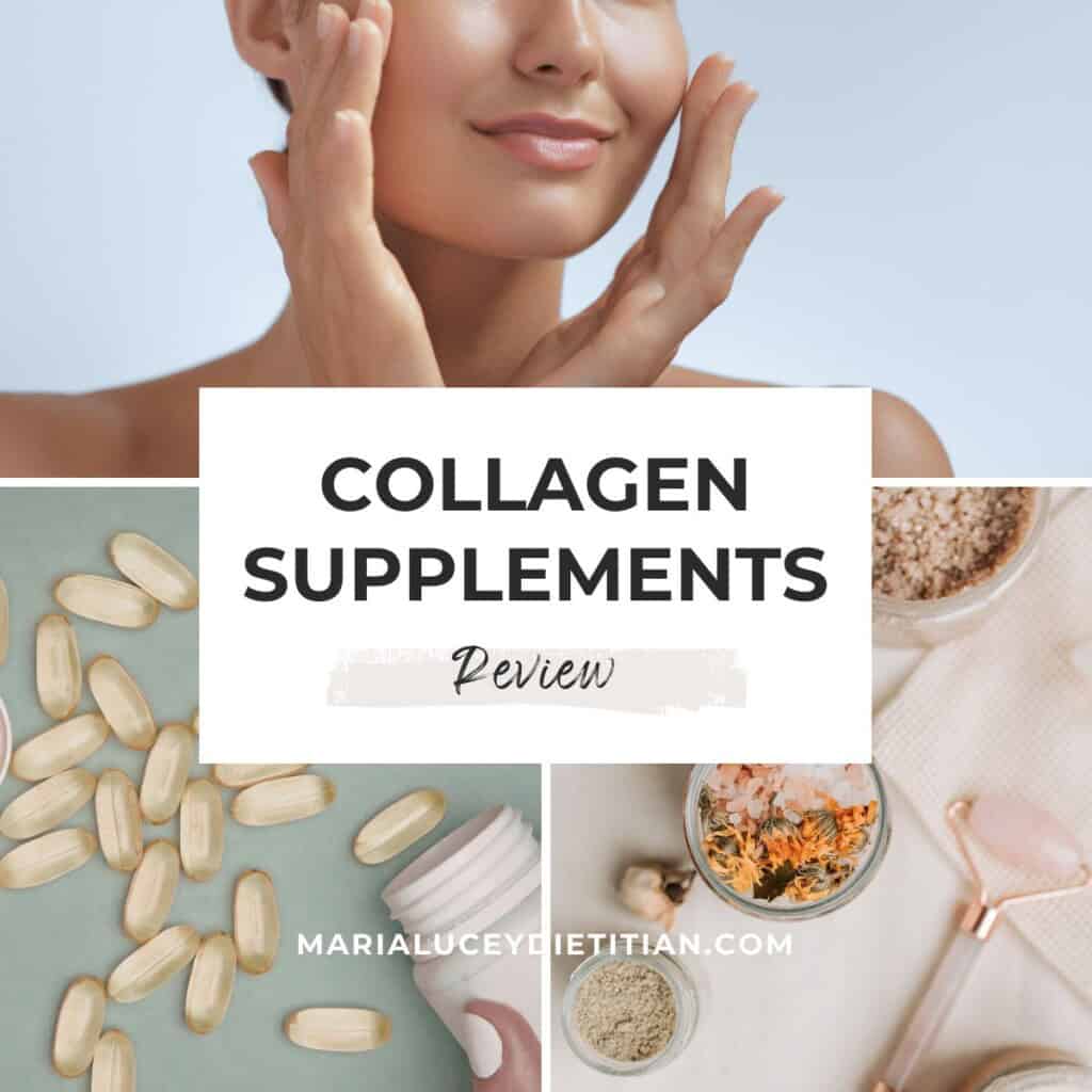 Collagen supplements review graphic featuring skin care imagery, collagen capsules, powder, and the title โCollagen Supplements Reviewโ from Maria Lucey Dietitian.