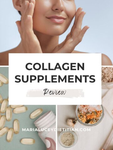 Collagen supplements review graphic featuring skin care imagery, collagen capsules, powder, and the title “Collagen Supplements Review” from Maria Lucey Dietitian.