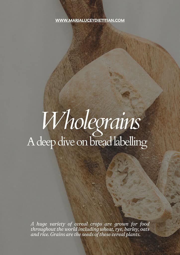A loaf of bread on a wooden board with the text wholegrains.