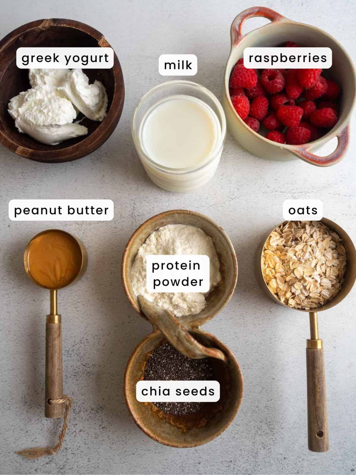 Overhead view of ingredients for high-protein overnight oats, including bowls of Greek yogurt, raspberries, and protein powder, a glass of milk, a scoop of peanut butter, a scoop of oats, and chia seeds, all labeled with text.