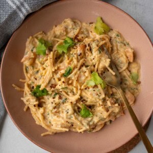 A pink bowl of creamy pesto ricotta pasta with shrimp, garnished with fresh herbs and chili flakes.