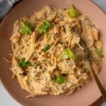 A detailed close-up of the creamy Pesto Ricotta Pasta, showcasing the rich texture of the sauce with shrimp, fresh cilantro, and chili flakes.