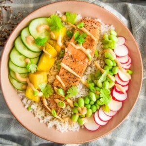 A colorful salmon rice bowl topped with a fillet of seared salmon, sliced cucumbers, mango chunks, radishes, edamame, and cilantro, all drizzled with a creamy sauce and served over white rice in a pink bowl.
