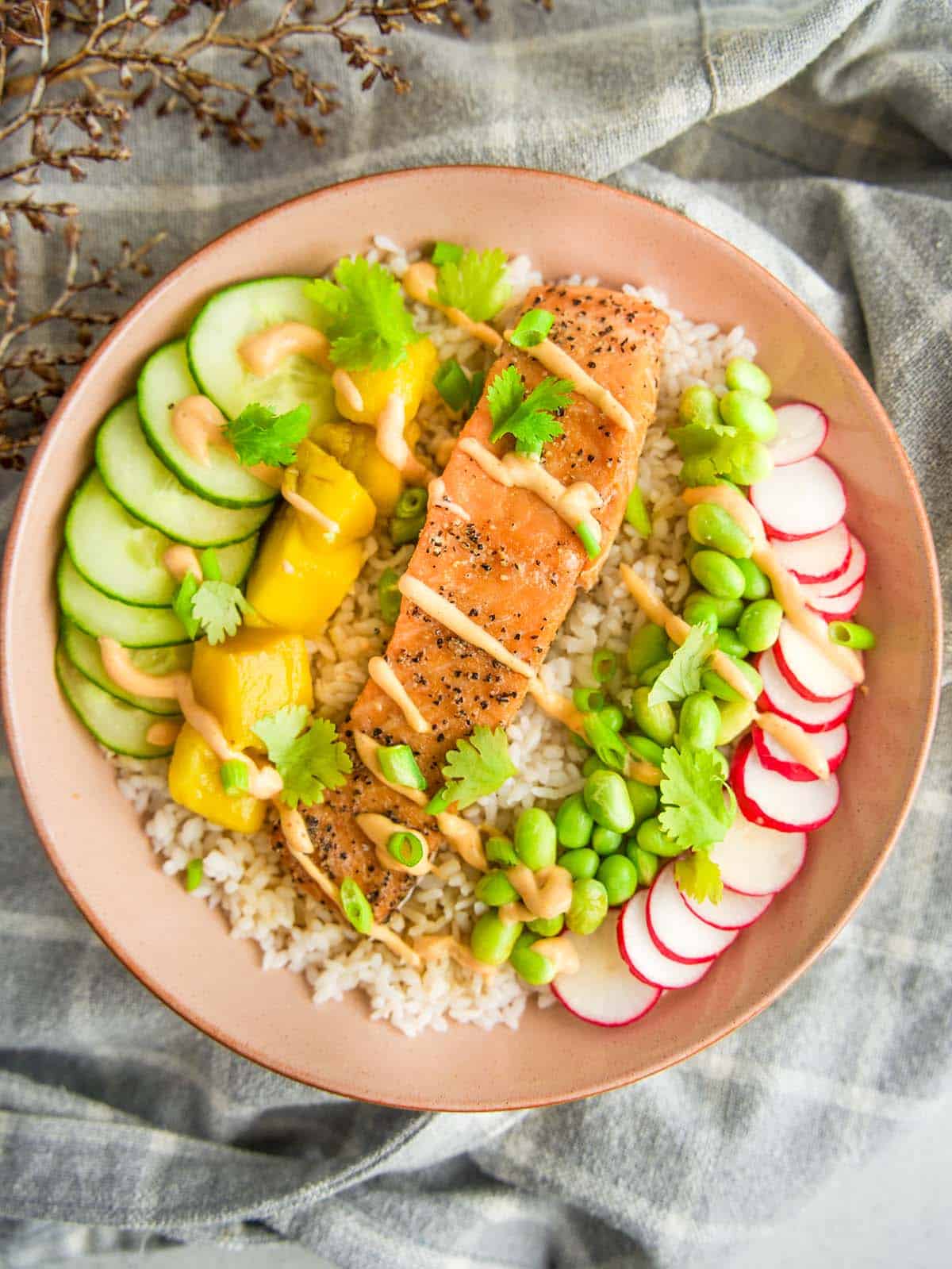 A colorful salmon rice bowl topped with a seared salmon fillet, sliced cucumber, mango chunks, edamame, and radishes, garnished with cilantro and drizzled with a creamy sauce over white rice.