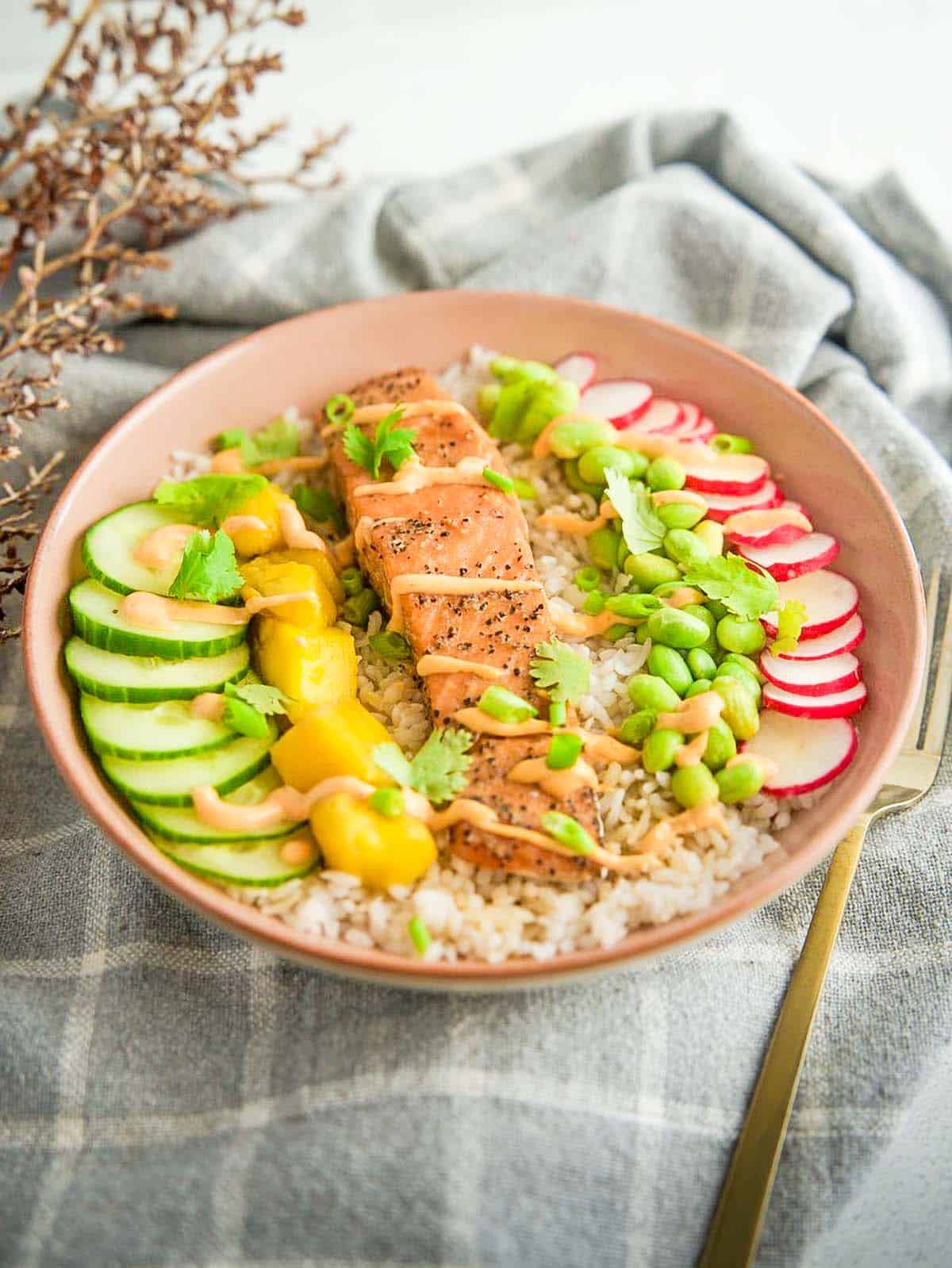 A side view of a salmon rice bowl showing layers of rice, cooked salmon, cucumber, mango, edamame, and radishes, all topped with a drizzle of homemade sriracha mayo and fresh cilantro.
