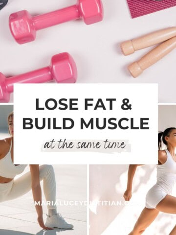 Fitness graphic showing dumbbells and jump rope with women exercising, with text reading lose fat and build muscle at the same time