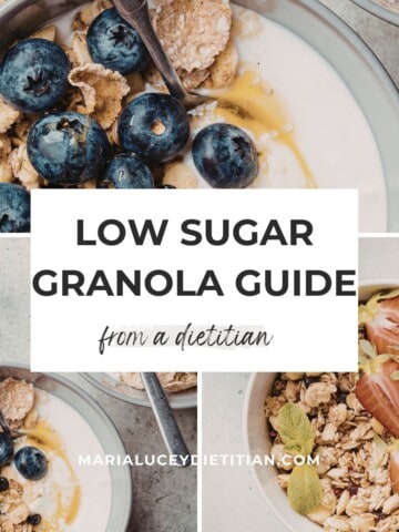 Low sugar granola guide from a dietitian featuring bowls of granola with yogurt, blueberries, and strawberries.