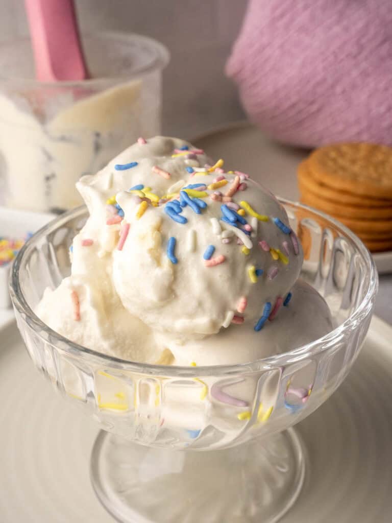 Ninja Creami vanilla ice cream recipe served in a glass bowl with colorful sprinkles.