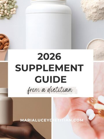 2026 supplement guide from a registered dietitian with protein powder, almonds, capsules, and supplement bottles on a neutral background.
