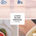 Infographic about lowering blood pressure naturally featuring medical icons, citrus fruit, avocado salad, and healthy foods with the text “Lower Blood Pressure Naturally” and website branding for Maria Lucey Dietitian.