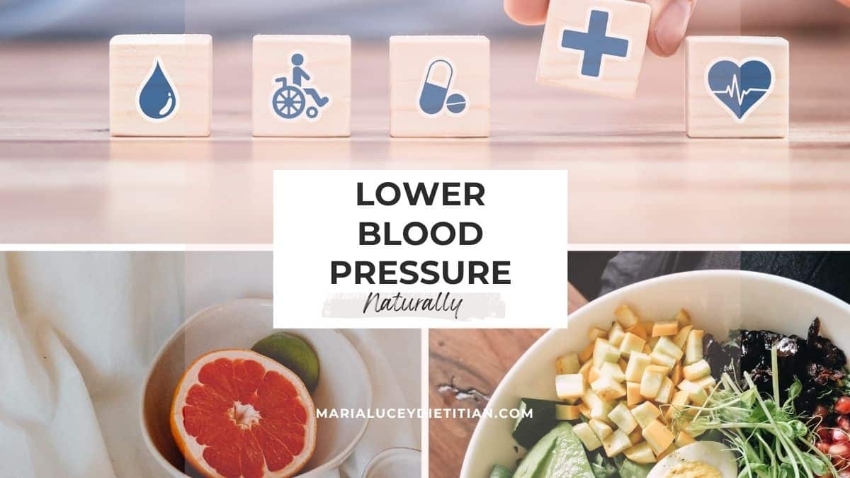 Infographic about lowering blood pressure naturally featuring medical icons, citrus fruit, avocado salad, and healthy foods with the text “Lower Blood Pressure Naturally” and website branding for Maria Lucey Dietitian.