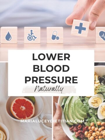 Infographic about lowering blood pressure naturally featuring medical icons, citrus fruit, avocado salad, and healthy foods with the text โLower Blood Pressure Naturallyโ and website branding for Maria Lucey Dietitian.