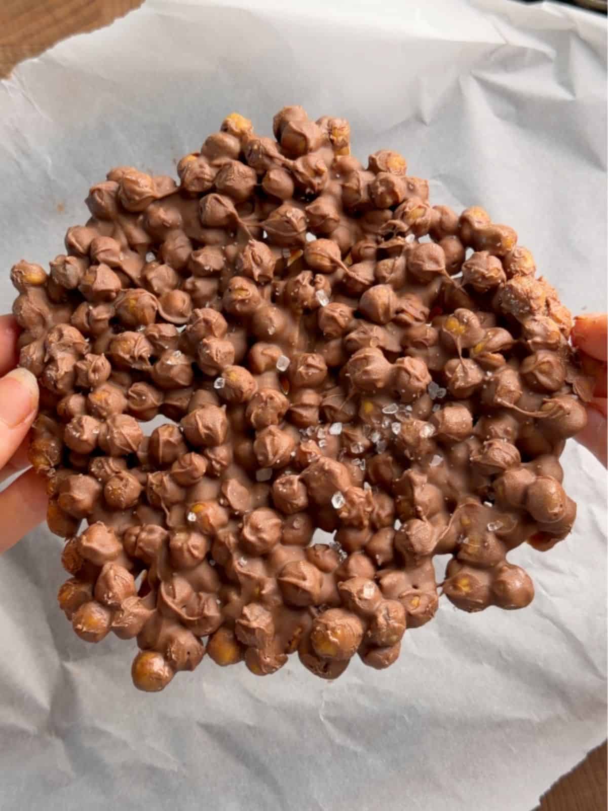Hands holding a large piece of chocolate chickpea bark made with roasted chickpeas, melted chocolate and a sprinkle of flaky sea salt.