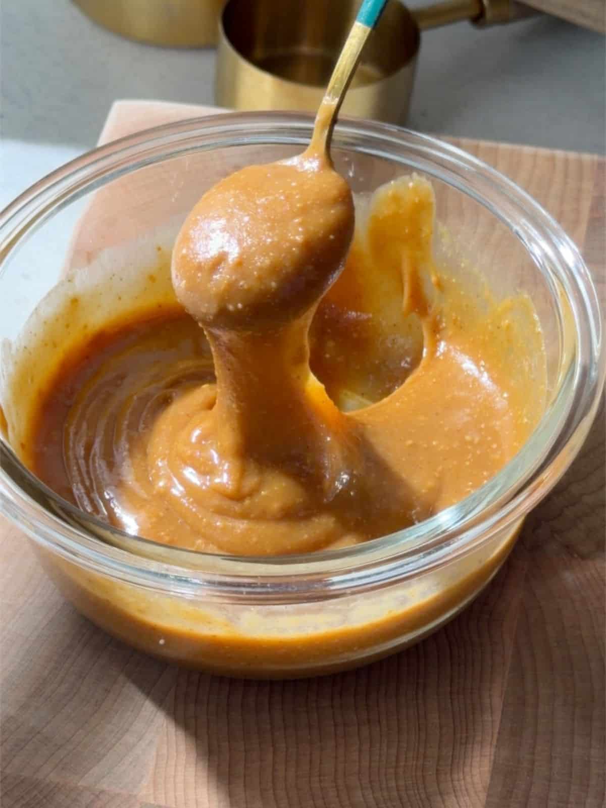 Salted peanut butter caramel filling mixed until smooth and glossy.