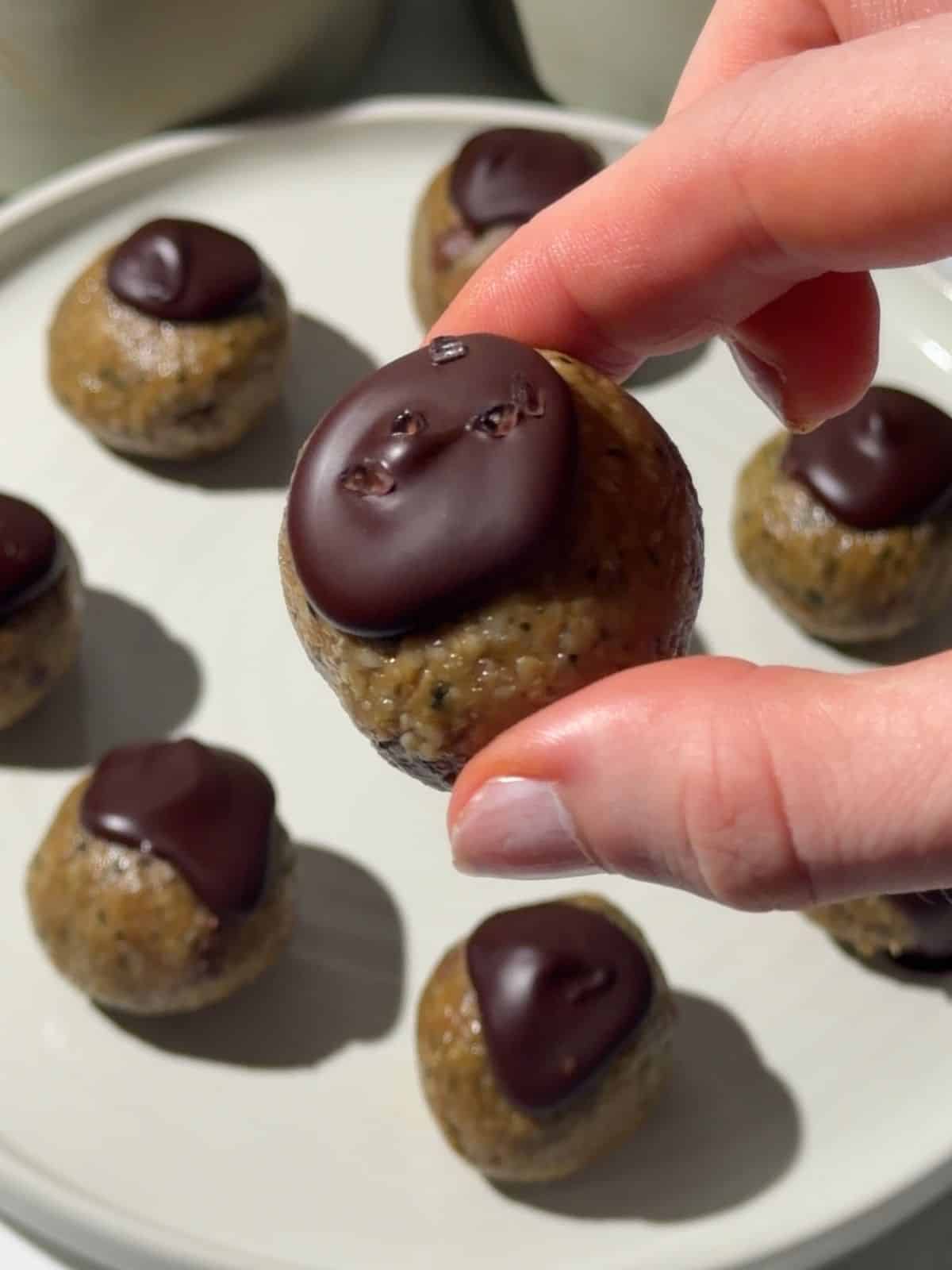 Hand holding a nut free protein ball topped with dark chocolate, with more chocolate-topped protein balls on a plate.