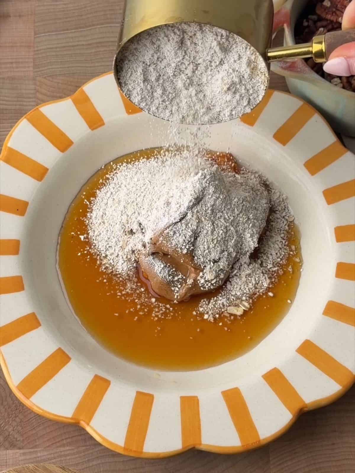Oat flour, protein powder and pumpkin pie spices added to the wet ingredients.